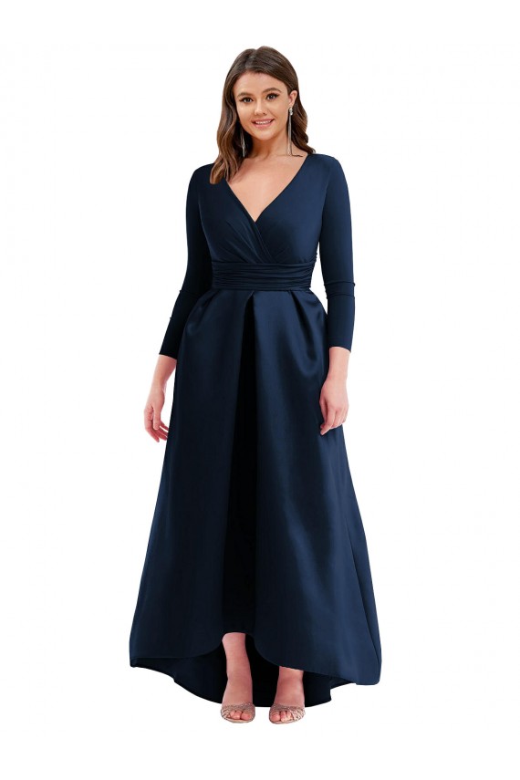 Long Sleeves Wrapped Formal Spandex Bridesmaid Dress / Prom Dress with High Low Full Skirt and Pockets Brisbane