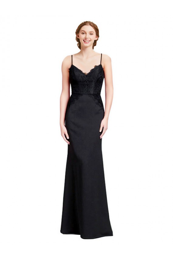 Long Chiffon Bridesmaid Dress / Prom Dress with Lace Bodice and Curved V-Neckline Brisbane
