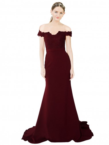 Full Length Off the Shoulder Formal Crepe Bridesmaid Dress / Prom Dress with Lace On Bodice and Back Brisbane