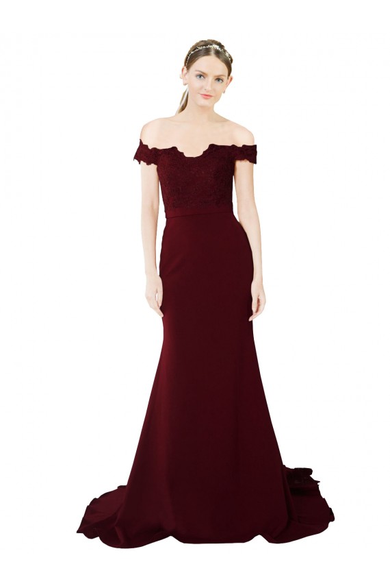 Full Length Off the Shoulder Formal Crepe Bridesmaid Dress / Prom Dress with Lace On Bodice and Back Brisbane