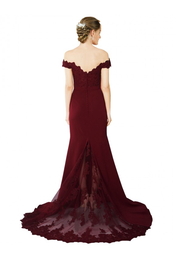 Full Length Off the Shoulder Formal Crepe Bridesmaid Dress / Prom Dress with Lace On Bodice and Back Brisbane