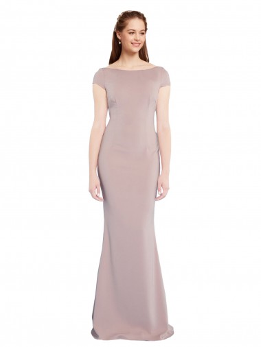 Boat Neck Cap Sleeve Formal Crepe Bridesmaid Dress / Prom Dress with Plunging Tie Back Brisbane