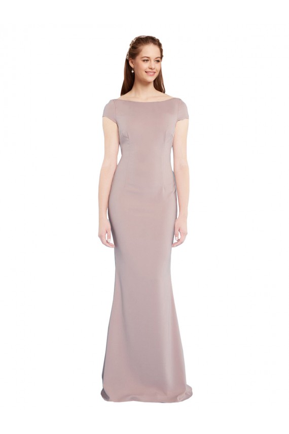 Boat Neck Cap Sleeve Formal Crepe Bridesmaid Dress / Prom Dress with Plunging Tie Back Brisbane