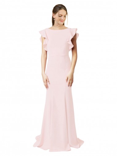 Low V-Back Long Mermaid Crepe Bridesmaid Dress / Prom Dress with Ruffled Sleeves Brisbane
