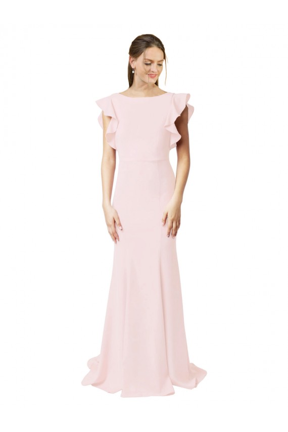 Low V-Back Long Mermaid Crepe Bridesmaid Dress / Prom Dress with Ruffled Sleeves Brisbane