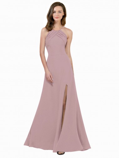 High Neck Crepe Bridesmaid Dress / Prom Dress with Pleats and Keyhole Back Brisbane
