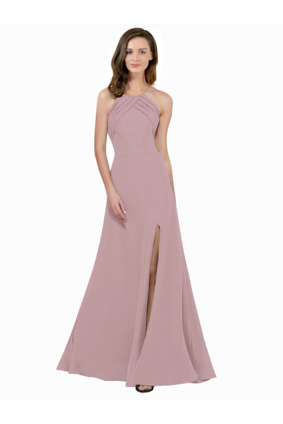 High Neck Crepe Bridesmaid Dress / Prom Dress with Pleats and Keyhole Back Brisbane