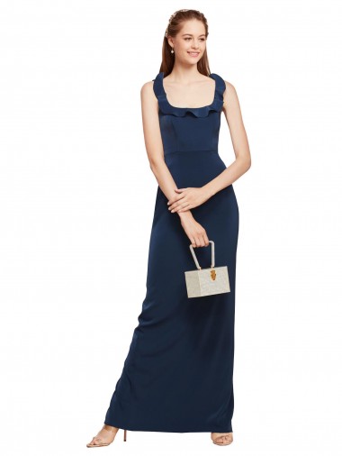 Scoop Neck with Ruffles Long Formal Crepe Bridesmaid Dress / Prom Dress with Back Slit Brisbane
