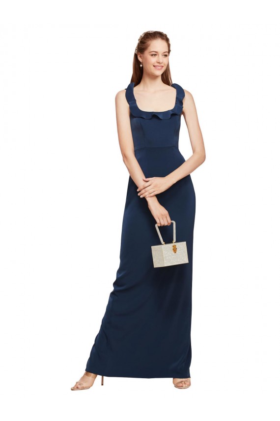 Scoop Neck with Ruffles Long Formal Crepe Bridesmaid Dress / Prom Dress with Back Slit Brisbane