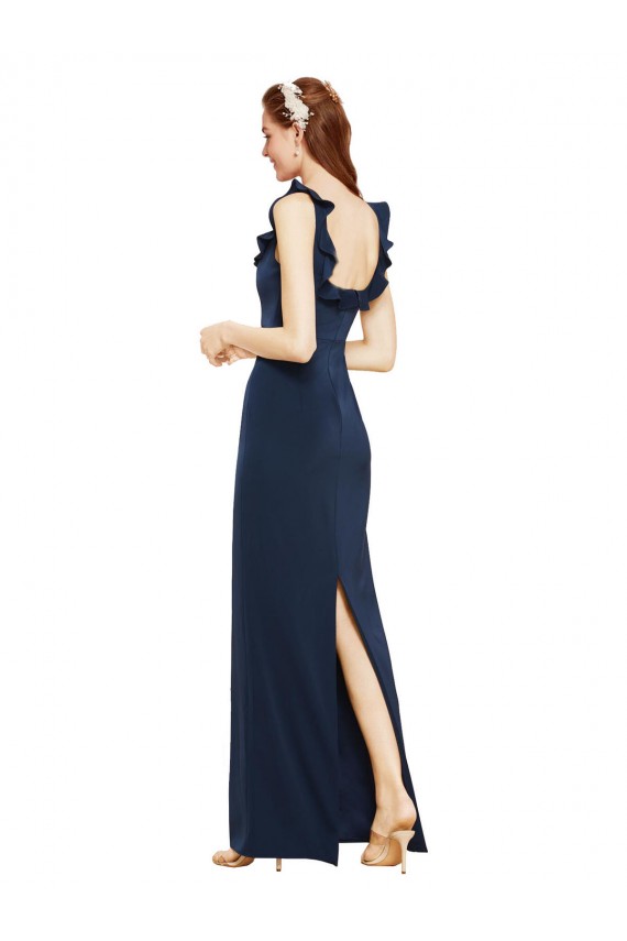 Scoop Neck with Ruffles Long Formal Crepe Bridesmaid Dress / Prom Dress with Back Slit Brisbane