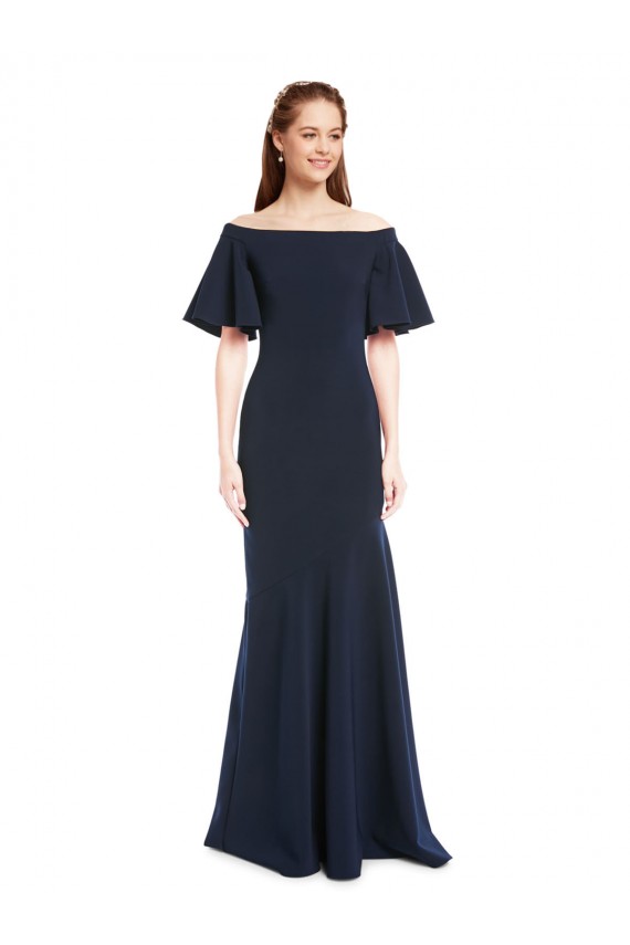 Off the Shoulder Formal Crepe Bridesmaid Dress / Prom Dress with Short Ruffle Sleeves. Brisbane
