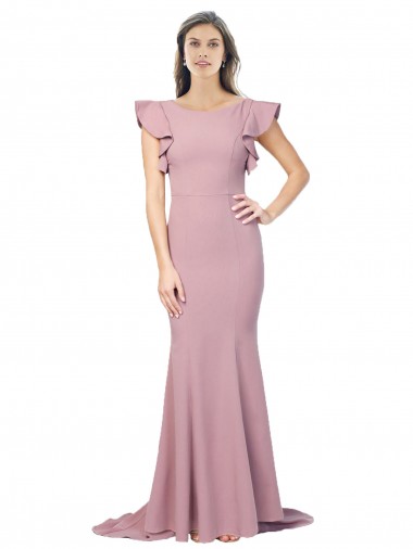 Flutter Sleeves Low V-Back High Round Neck Formal Crepe Bridesmaid Dress / Prom Dress Brisbane
