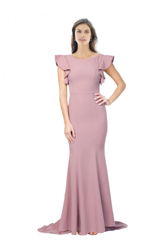 Flutter Sleeves Low V-Back High Round Neck Formal Crepe Bridesmaid Dress / Prom Dress Brisbane
