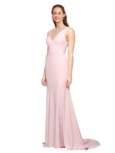 Deep V-Neckline and Back Long Sweep Train Crepe Bridesmaid Dress / Prom Dress with Shoulder Straps Brisbane