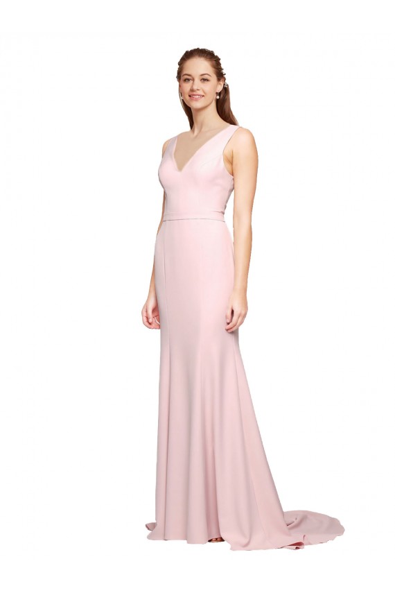 Deep V-Neckline and Back Long Sweep Train Crepe Bridesmaid Dress / Prom Dress with Shoulder Straps Brisbane