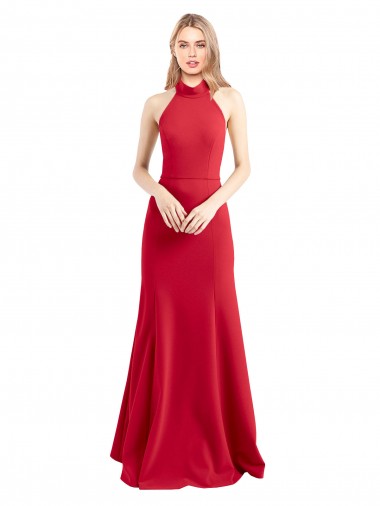 Sleek Fit and Flare High Neck Halter Stretch Formal Crepe Bridesmaid Dress / Prom Dress with Open Back Brisbane