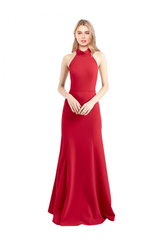 Sleek Fit and Flare High Neck Halter Stretch Formal Crepe Bridesmaid Dress / Prom Dress with Open Back Brisbane