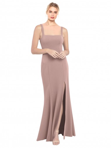 Square Neck Fit and Flare Long Stretch Crepe Bridesmaid Dress / Prom Dress with Side Slit Brisbane