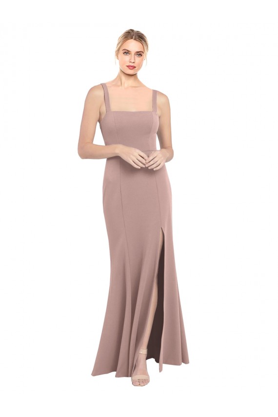Square Neck Fit and Flare Long Stretch Crepe Bridesmaid Dress / Prom Dress with Side Slit Brisbane