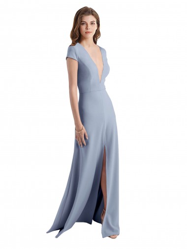 Plunging V-Neck Cap Sleeves Stretch Crepe Bridesmaid Dress / Prom Dress with Front Slit Brisbane