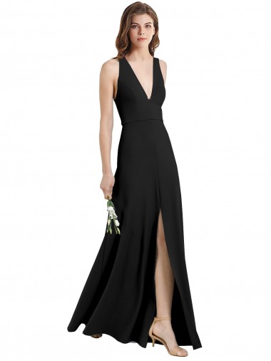 Sleek Halter V-Neck Long A-Line Stretch Formal Crepe Bridesmaid Dress / Prom Dress with Front Slit Brisbane