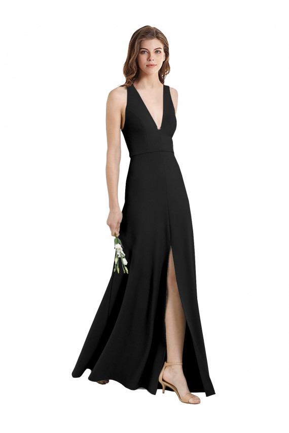 Sleek Halter V-Neck Long A-Line Stretch Formal Crepe Bridesmaid Dress / Prom Dress with Front Slit Brisbane