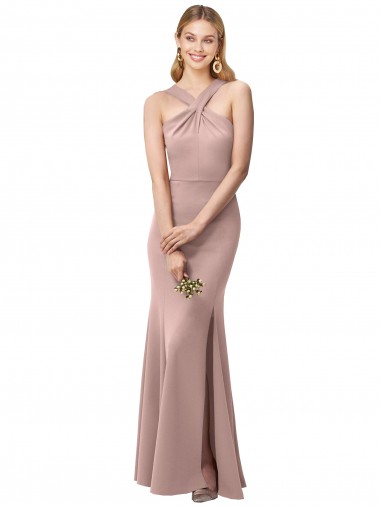 Long Floor Length High Neck Fit and Flare Stretch Crepe Bridesmaid Dress / Prom Dress with Side Slit Brisbane