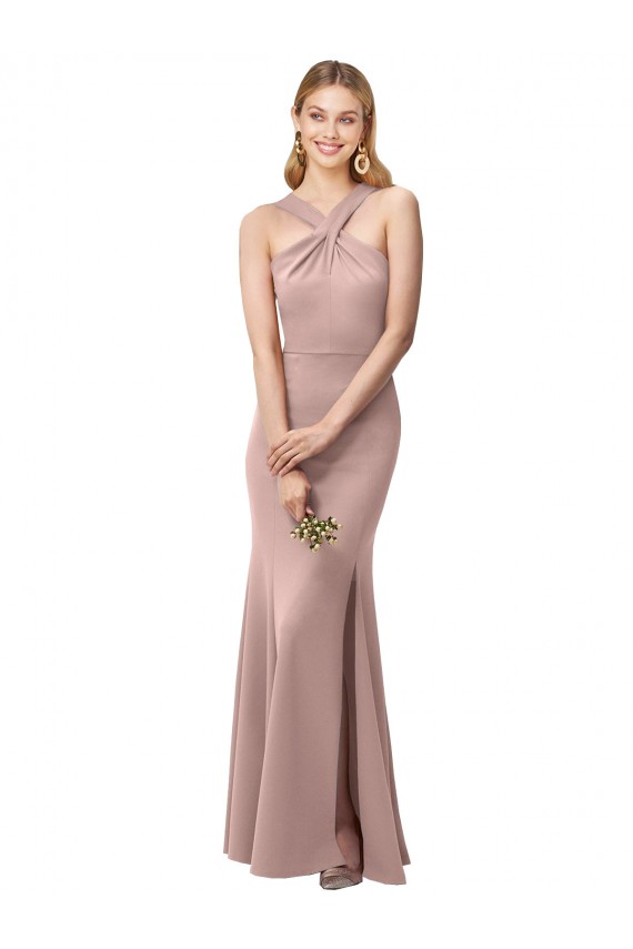Long Floor Length High Neck Fit and Flare Stretch Crepe Bridesmaid Dress / Prom Dress with Side Slit Brisbane