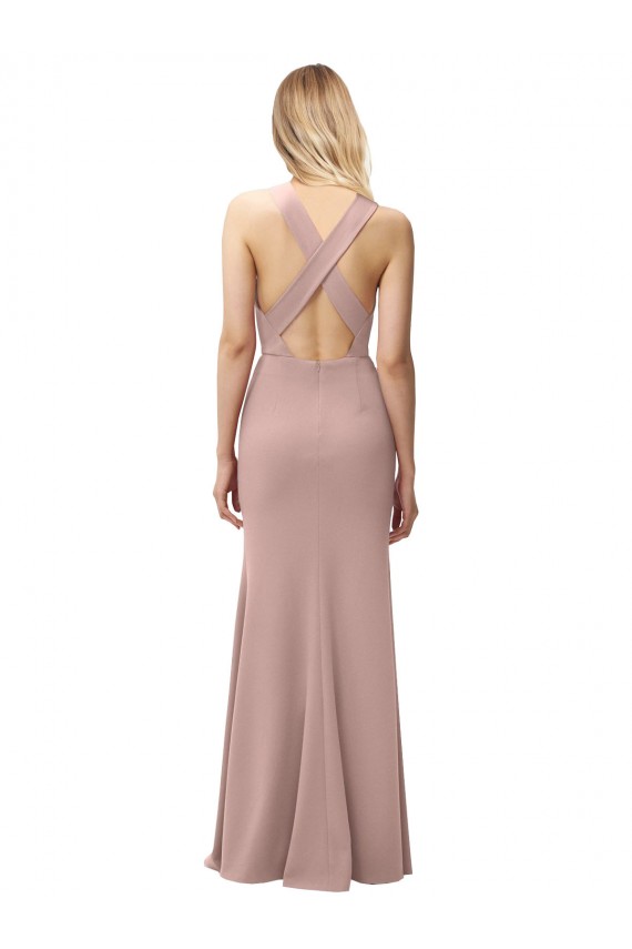 Long Floor Length High Neck Fit and Flare Stretch Crepe Bridesmaid Dress / Prom Dress with Side Slit Brisbane