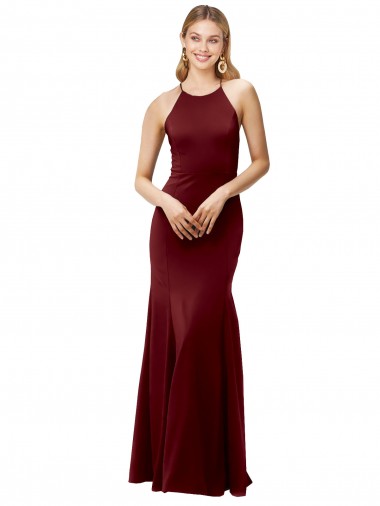 Fit and Flare Halter Neckline Stretch Formal Crepe Bridesmaid Dress / Prom Dress with Strappy Back Brisbane