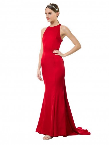 High Neck Mermaid Open Back Formal Crepe Maxi Bridesmaid Dress / Prom Dress with Train Detail Brisbane