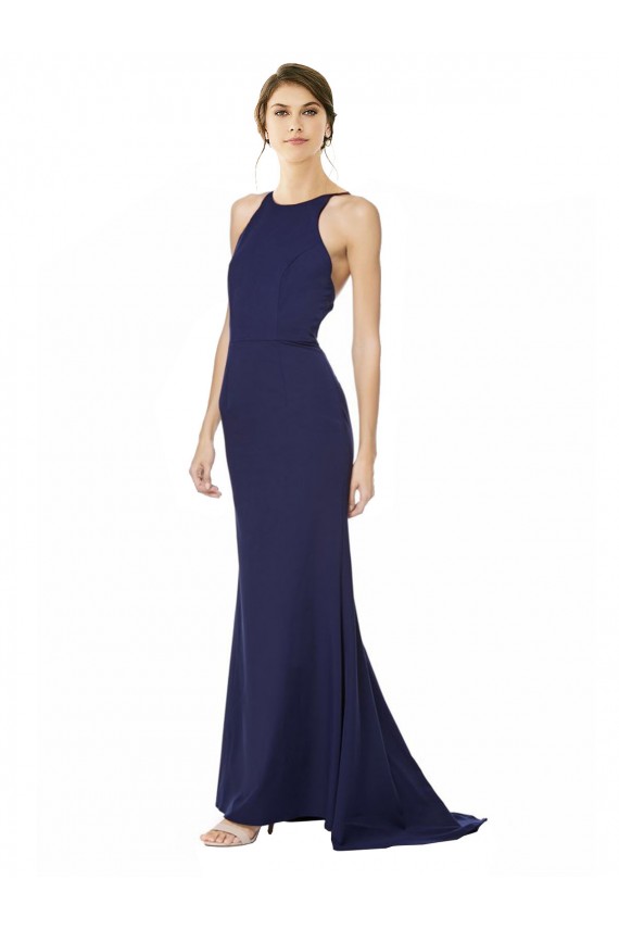 Fishtail High Neck Maxi Formal Crepe Bridesmiad Dress with Strappy Back Detail Brisbane
