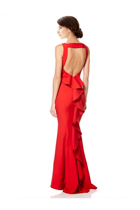 High Neck Maxi Formal Crepe Bridesmiad Dress with Exaggerated Back Ruffle Brisbane