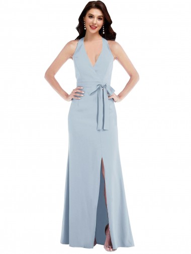Open Back Halter Maxi Formal Crepe Bridesmaid Dress / Prom Dress with Draped Bow Brisbane