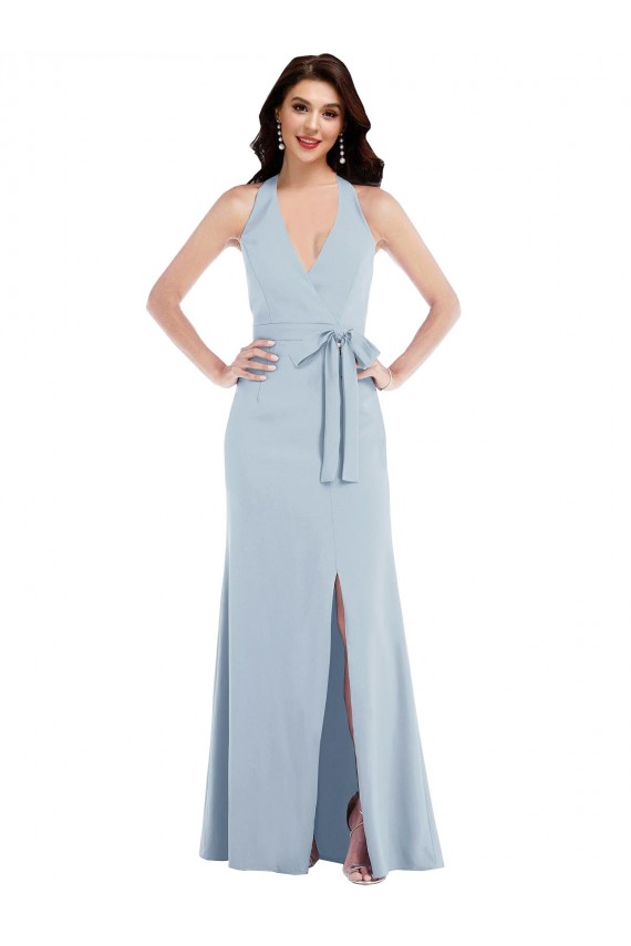 Open Back Halter Maxi Formal Crepe Bridesmaid Dress / Prom Dress with Draped Bow Brisbane