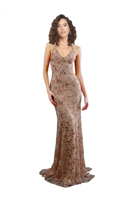 Floral Patterned Backless V-Neckline Sequin Formal Bridesmaid Dress / Prom Dress Brisbane