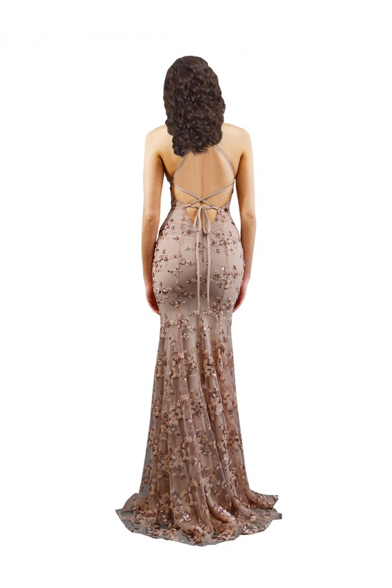 Floral Patterned Backless V-Neckline Sequin Formal Bridesmaid Dress / Prom Dress Brisbane