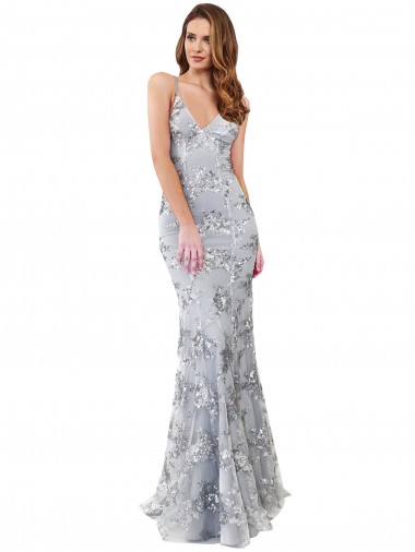 Silver V-Neckline Backless Floral Patterned Sequin Formal Bridesmaid Dress / Prom Dress Brisbane