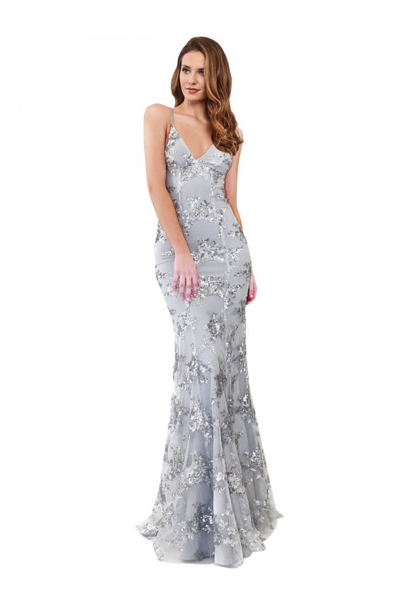 Silver V-Neckline Backless Floral Patterned Sequin Formal Bridesmaid Dress / Prom Dress Brisbane