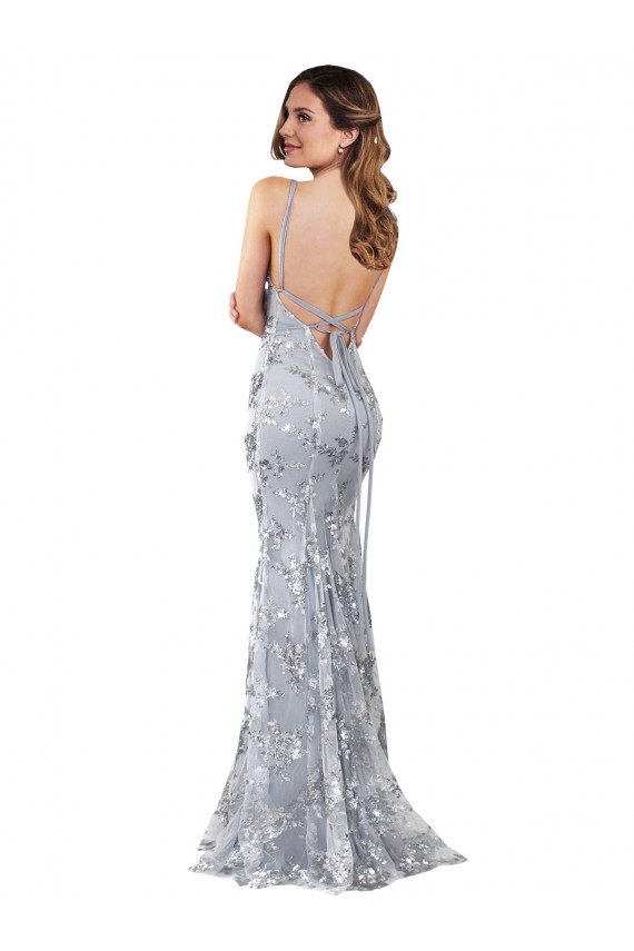 Silver V-Neckline Backless Floral Patterned Sequin Formal Bridesmaid Dress / Prom Dress Brisbane