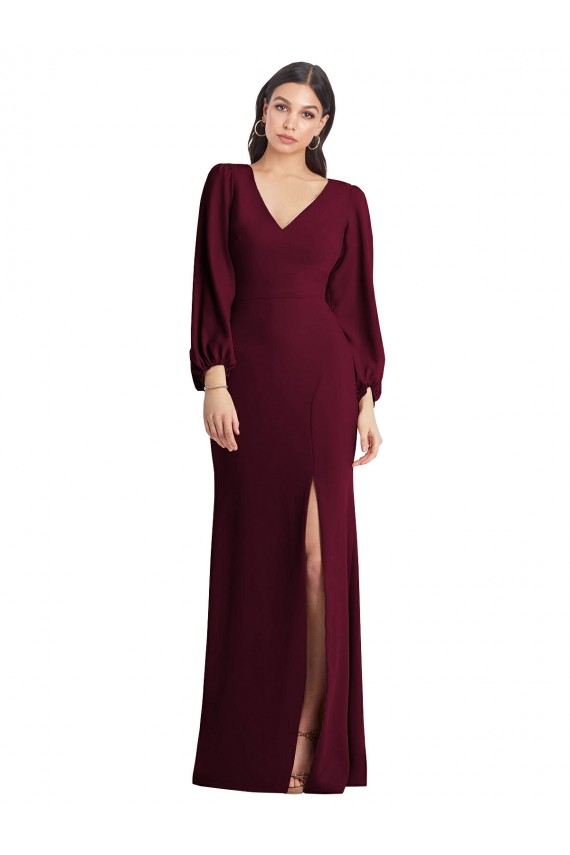 Long Puff Sleeve V-Neck Trumpet Bridesmaid Maxi Dress Brisbane