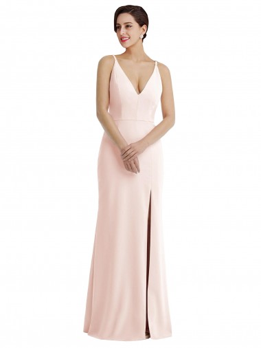 Skinny Strap Deep V-Neck Trumpet Formal Crepe Bridesmaid Dress / Prom Dress with Front Slit Brisbane