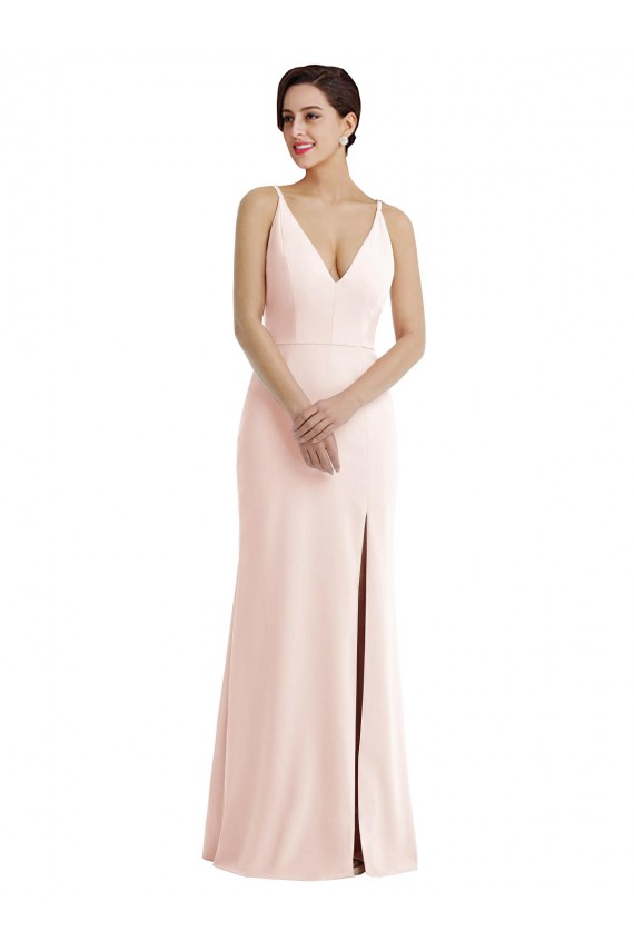 Skinny Strap Deep V-Neck Trumpet Formal Crepe Bridesmaid Dress / Prom Dress with Front Slit Brisbane