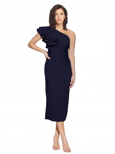 Ruched Midi Length Short Cocktail Formal Crepe Bridesmaid Dress / Prom Dress with Shoulder Ruffles Brisbane
