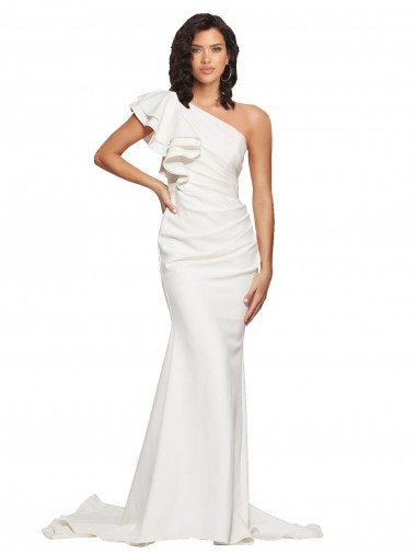 Ruched Long Sweep Train Crepe Bridesmaid Dress / Prom Dress with Shoulder Ruffles Brisbane