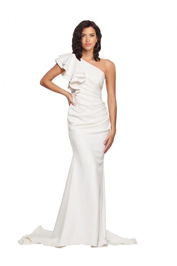 Ruched Long Sweep Train Crepe Bridesmaid Dress / Prom Dress with Shoulder Ruffles Brisbane