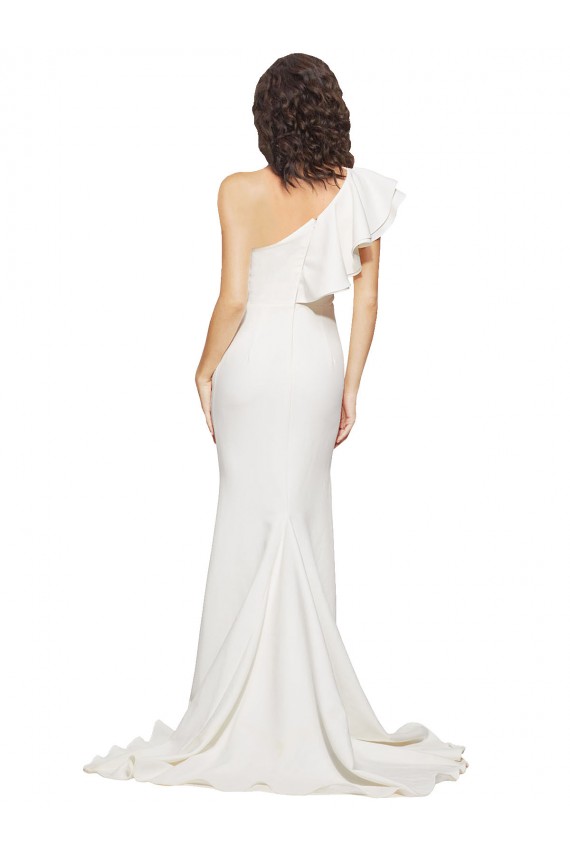 Ruched Long Sweep Train Crepe Bridesmaid Dress / Prom Dress with Shoulder Ruffles Brisbane