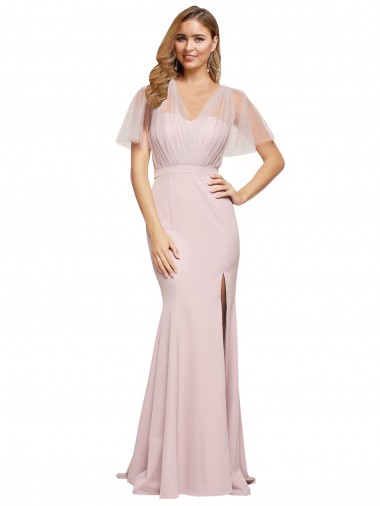 Crepe Long Sweetheart Neckline Formal Bridesmaid Dress / Prom Dress with Tulle Overlay Shoulders Brisbane