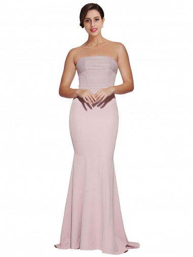 Straight Neck Long Strapless Formal Crepe Bridesmaid Dress / Prom Dress with Soft Tulle Overlay and Small Train Brisbane