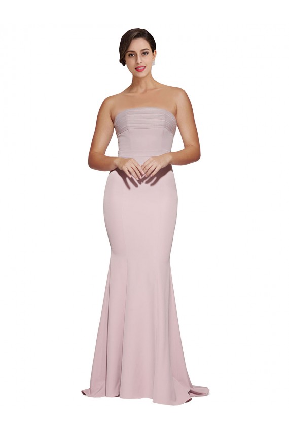 Straight Neck Long Strapless Formal Crepe Bridesmaid Dress / Prom Dress with Soft Tulle Overlay and Small Train Brisbane